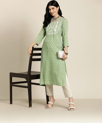 Deepyog Women Printed Straight Kurta(Green)