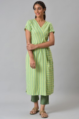 Aurelia Women Striped Straight Kurta(Green)