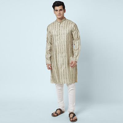 Indus Route by Pantaloons Men Printed Straight Kurta(Beige, Green)