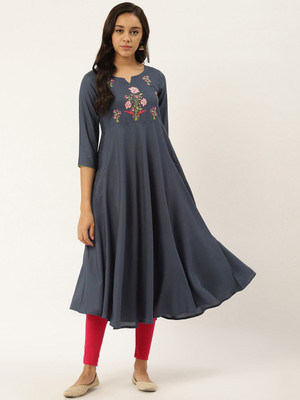 ANOUK Women Embroidered A-line Kurta(Grey)