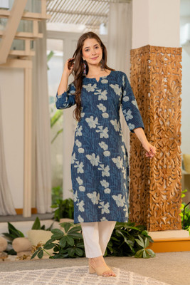 Fyunl Women Printed Straight Kurta(Dark Blue)