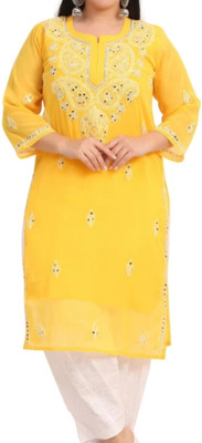 AA handwork chikankari Women Chikan Embroidery A-line Kurta(Yellow)