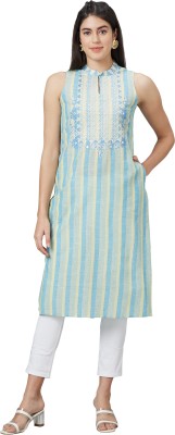 Globus Women Striped Straight Kurta(Yellow, Light Blue)