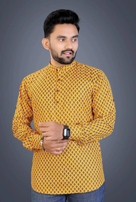 NF CREATION Men Printed Straight Kurta(Yellow)