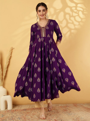 Gulmohar Jaipur Women Floral Print Flared Kurta(Purple)