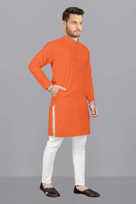 kanha creation Men Solid Straight Kurta(Orange)