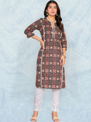 Jaipuur Trend Women Embroidered Straight Kurta(Brown)