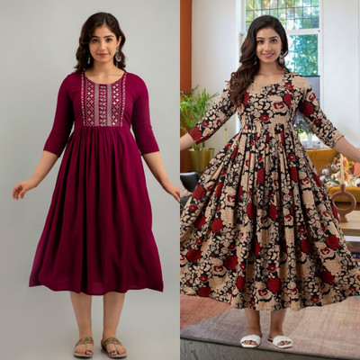 RANGRAIL Women Floral Print Anarkali Kurta(Maroon)