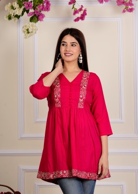 Naksham Women Embroidered Flared Kurta(Red)