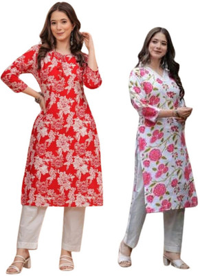 Anmi Printed Women Straight Kurta(Red, Pink)