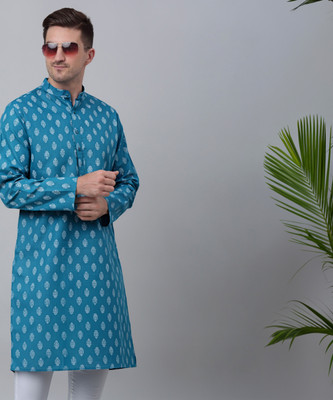 Jompers Men Printed Straight Kurta(Blue)