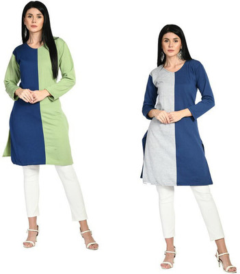 Indeweaves Women Colorblock Straight Kurta(Dark Blue, Green)
