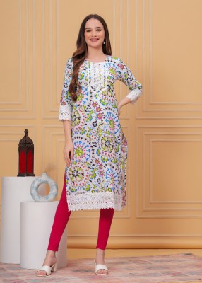 CRENOL THREADS Women Printed Straight Kurta(Light Green)