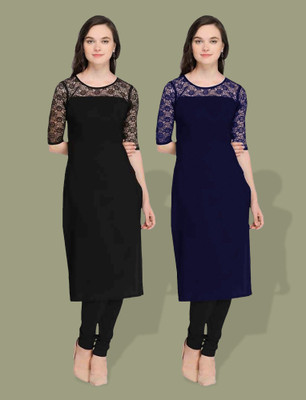 maaheshvi Women Self Design Straight Kurta(Dark Blue)