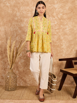 Anmi Floral Print Women Flared Kurta(Yellow)