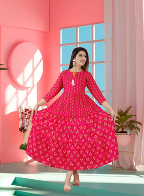 Damsel Women Printed Anarkali Kurta(Pink)