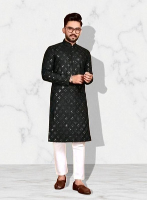 BISWAS Men Embellished Straight Kurta(Black)