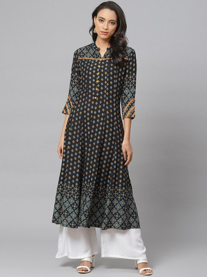 AKIKO Women Floral Print Anarkali Kurta(Black)