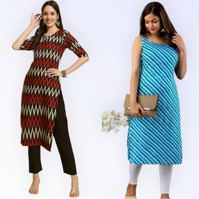 KAUTAQI Women Printed, Striped Straight Kurta(Multicolor)