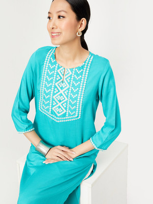 MAX Women Printed Straight Kurta(Light Blue)