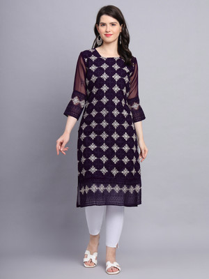 Sofisty Women Chikan Embroidery Straight Kurta(Dark Blue)