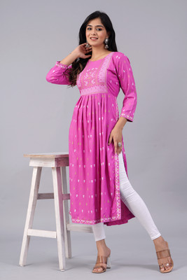 ASHRU Women Printed Ethnic Dress Kurta(Pink)