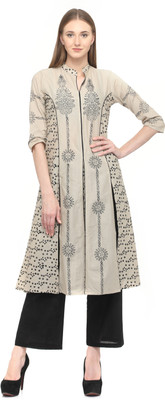 HOTSWAG Women Block Print A-line Kurta(Grey)
