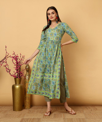 Gulmohar Jaipur Women Printed Flared Kurta(Green)