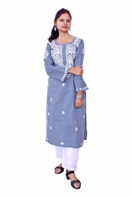 Ah creation Women Chikan Embroidery A-line Kurta(Blue)