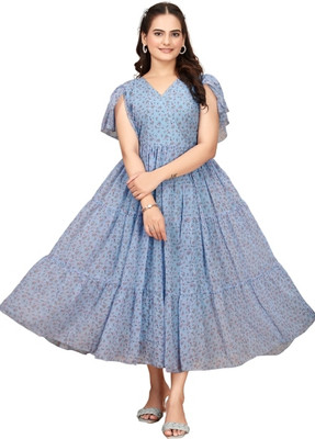 Parth Creation Women Printed Flared Kurta(Light Blue)