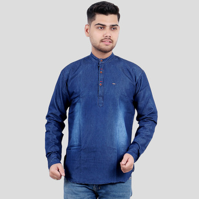 M'COT Men Washed Straight Kurta(Dark Blue)