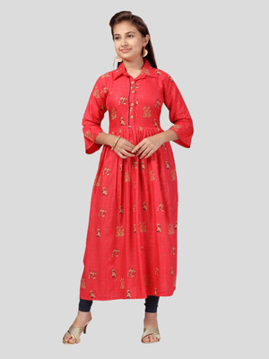 Aarika Girls Printed A-line Kurta(Red)