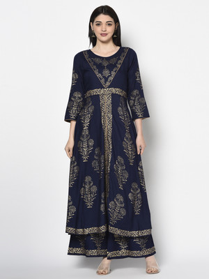 Aniyah Women Block Print Anarkali Kurta(Dark Blue)