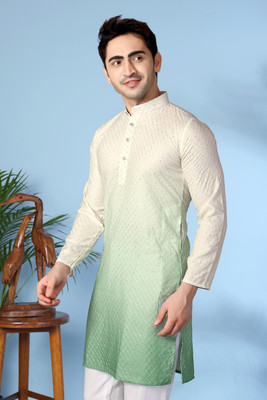 vastraveda Men Dyed/Ombre Straight Kurta(Green, White)