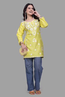 shivshakti faishon Women Chikan Embroidery A-line Kurta(Yellow)