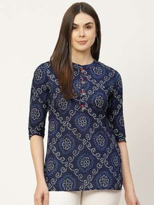 FABRIC FITOOR Women Bandhani Straight Kurta(Blue)