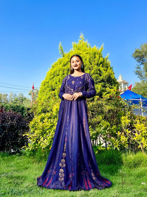 HERE&NOW Women Printed, Geometric Print, Embellished Anarkali Kurta(Brown)