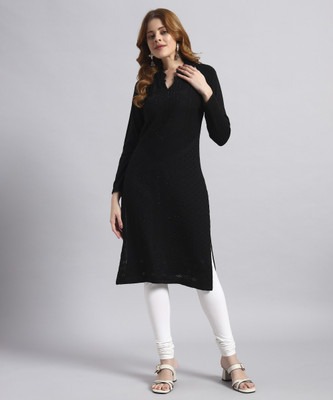 DUCOHIVE Women Self Design, Embellished Straight Kurta(Black)
