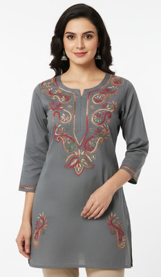 lucknow chikankari Women Chikan Embroidery Straight Kurta(Grey)
