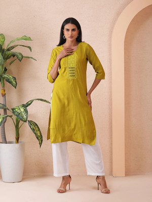 Sold For Style Women Embroidered Straight Kurta(Yellow)