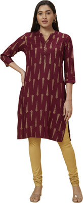 Globus Women Printed Straight Kurta(Maroon, Gold)