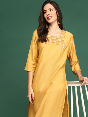 SHOWOFFFF Women Embellished Straight Kurta(Yellow)