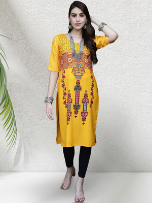 HERE&NOW Women Printed Straight Kurta(Yellow)