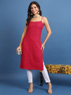 Vishudh Women Embroidered Straight Kurta(Pink)