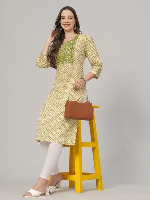 JC4U Women Printed Straight Kurta(Yellow)