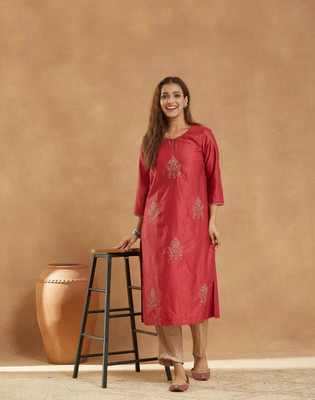 Fabindia Women Embroidered A-line Kurta(Maroon)