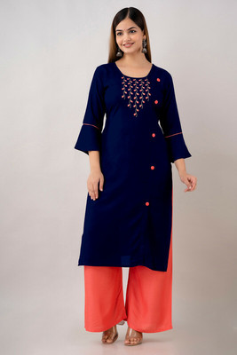 Kapadia Women Embroidered Straight Kurta(Blue)