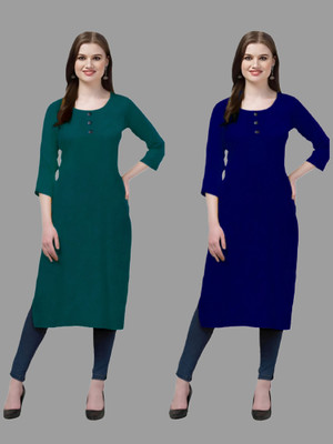 HOFC Women Solid Straight Kurta(Dark Green, Blue)
