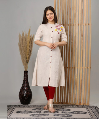 Dizon Women Embroidered A-line Kurta(Beige)