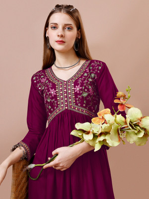 Shree Ramkrishna Fab Women Embroidered Anarkali Kurta(Purple)